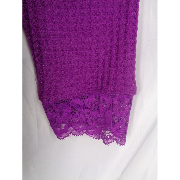 LOGO Lori Goldstein Purple Metallic Waffle Knit Mock Neck Top Lace Sz Large New - Picture 10 of 15